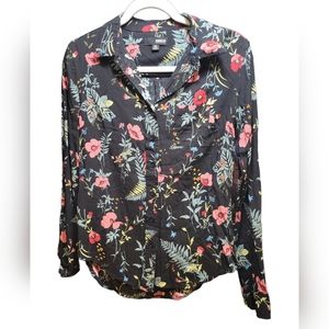 Brooklyn Industries womens blouse black floral button down long sleeve